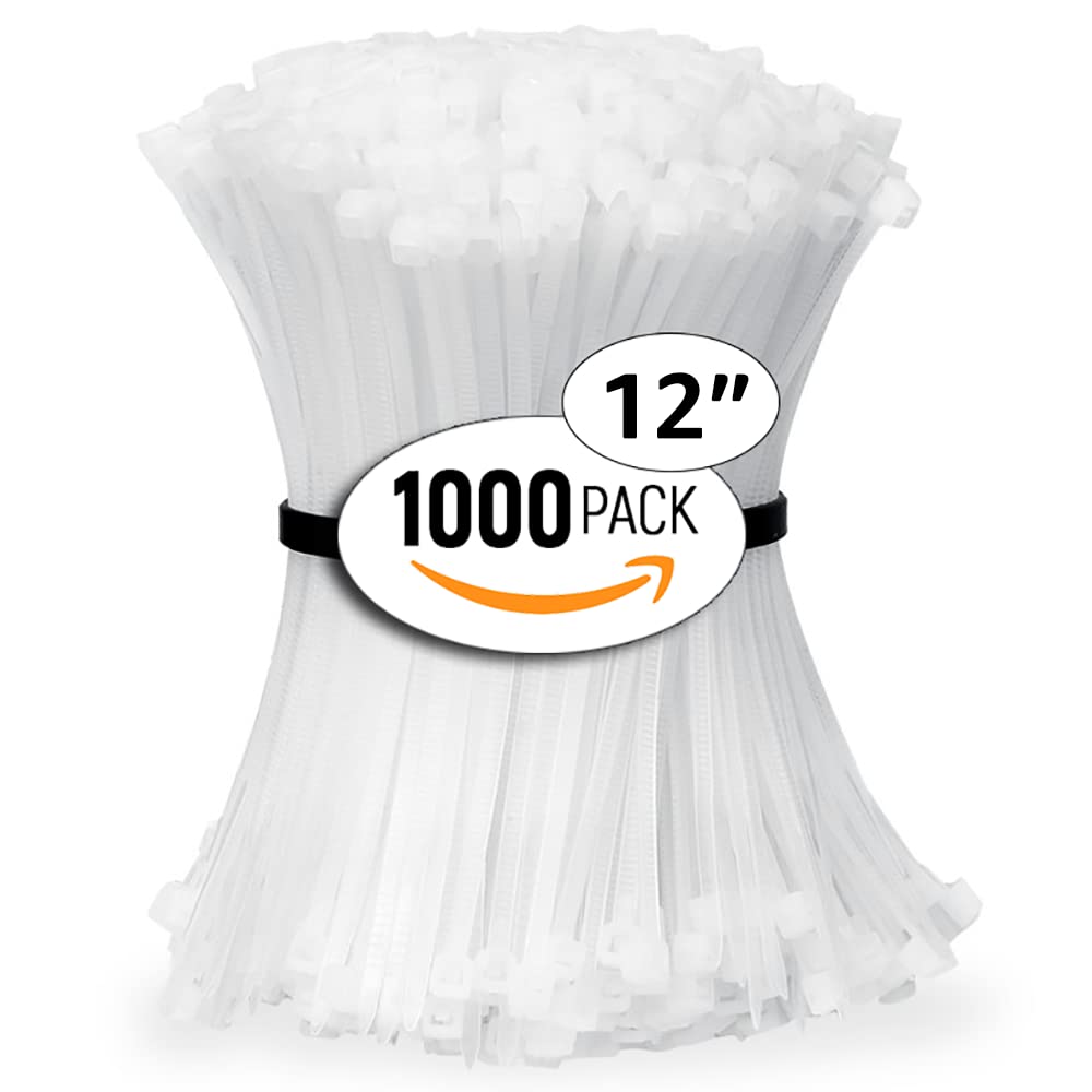 ALBO Zip Ties White 12 Inch 1000 Pack 50 lb, Long Plastic Cable Ties Thick 0.19 Inch Tie Wraps Heavy Duty UV Resistant Nylon Wire Ties for Indoor and Outdoor