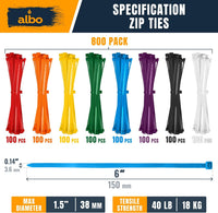 ALBO 800 Pcs. Multicolor Zip Ties, 6 Inch, 40 lb Tensile Strength - Nylon Cable Ties for Home & Office