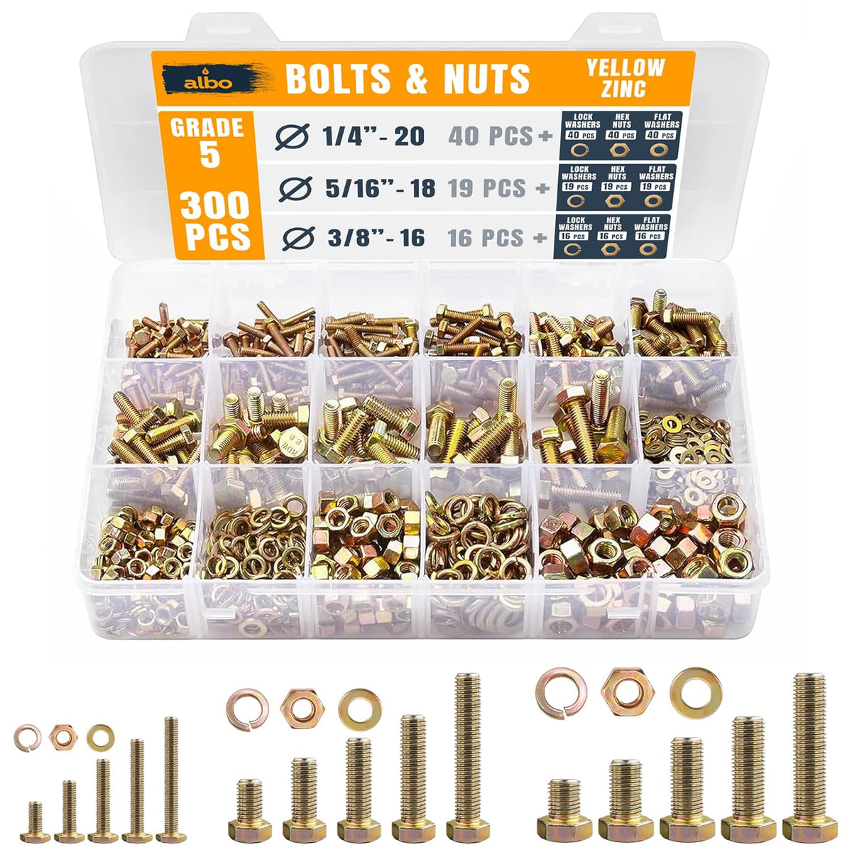 ALBO Hex Head Bolts and Nuts Yellow Zinc Plated 1/4"-3/8" with Washers, 1/2"-1-1/2" Lengths, 300pcs