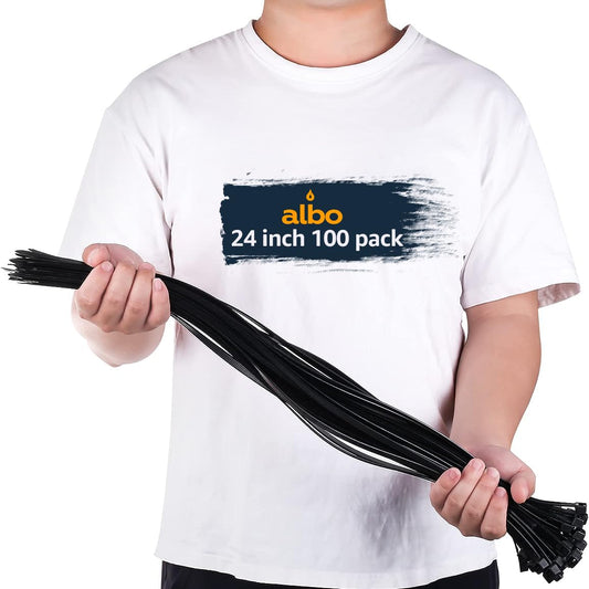 ALBO Zip Ties Black 24 Inch 100 Pack 200 lb, Long Plastic Cable Ties Thick 0,35 Inch Tie Wraps Heavy Duty UV Resistant Nylon Wire Ties for Indoor and Outdoor