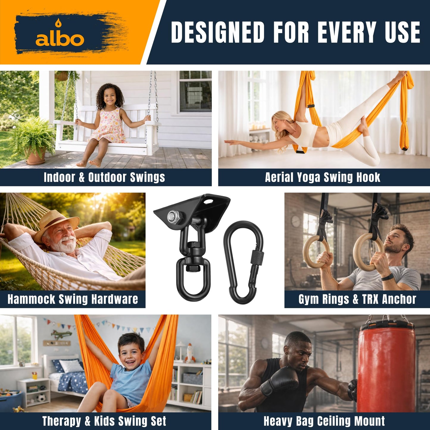 Albo Heavy Duty Swing Hangers 2 Pack, 2650 LBS, 360° Swivel Ceiling Mount Black