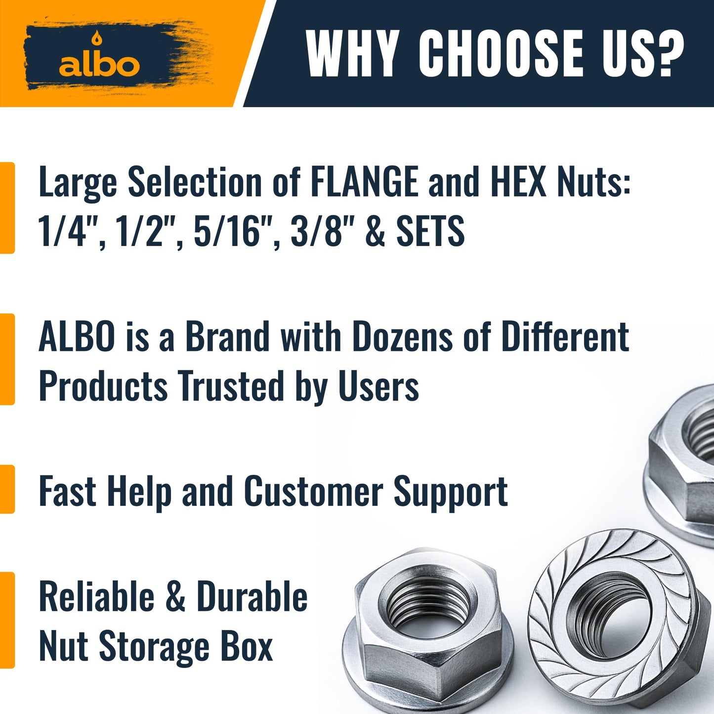 ALBO 200 PCS Metric Hex Flange Lock Nuts Assortment Set – Stainless Steel 304 Metric Nuts in Reusable Box – Hardware for Automotive & DIY – M3, M4, M5, M6, M8, M10, M12