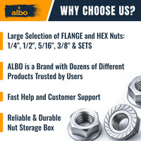 ALBO 200 PCS Metric Hex Flange Lock Nuts Assortment Set – Stainless Steel 304 Metric Nuts in Reusable Box – Hardware for Automotive & DIY – M3, M4, M5, M6, M8, M10, M12