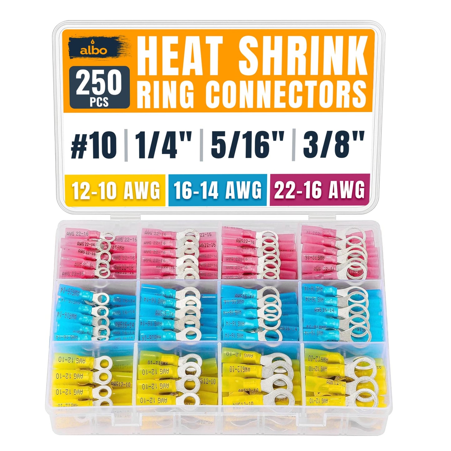 ALBO 250PCS Heat Shrink Ring Terminal Kit – Wire Terminal Connectors Assortment for 22-10 AWG, Waterproof Electrical Connectors Set – Tinned Copper Electrical Ring Terminals