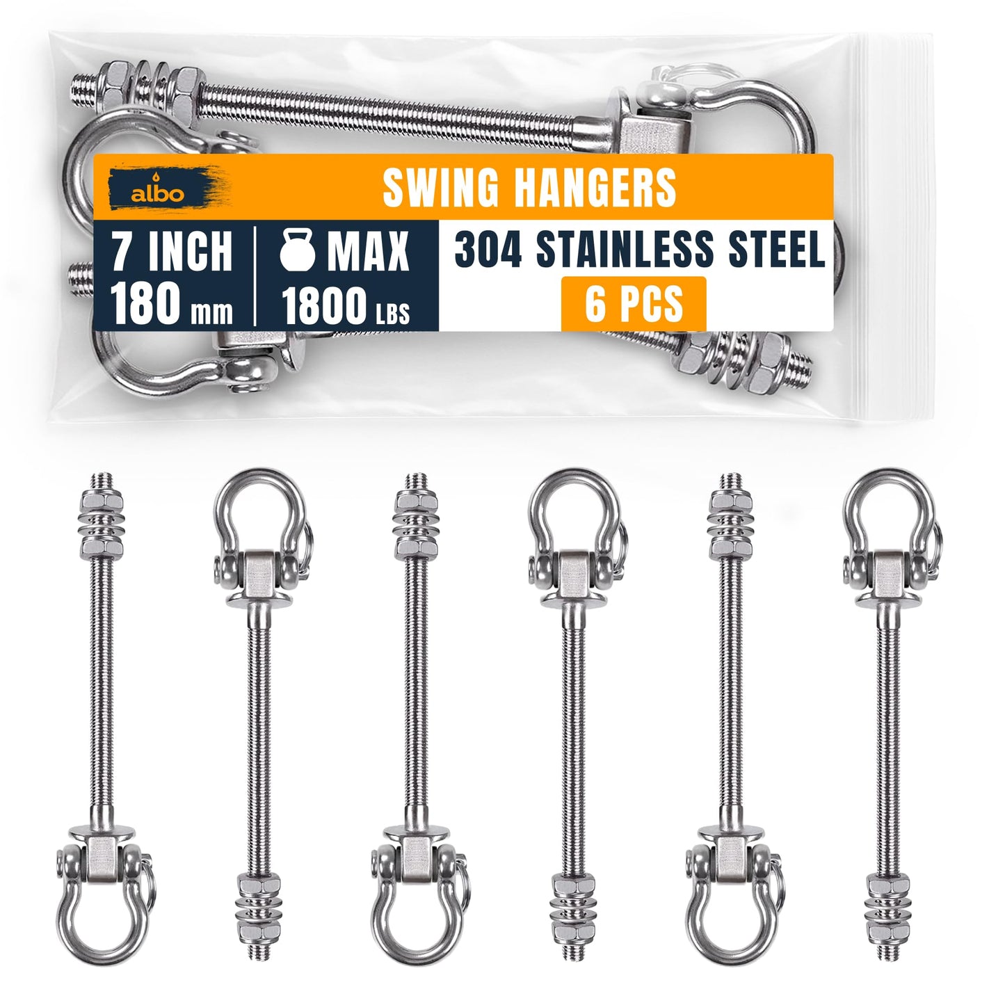 Albo 6 Pack Heavy Duty Swing Hangers – 7 Inch, 304 Stainless Steel, 1800 lbs Swivel Hooks for Porch, Punching Bag, Hammock, Yoga, Gym, Playground, Ceiling Mount for Wood & Concrete Indoor Outdoor