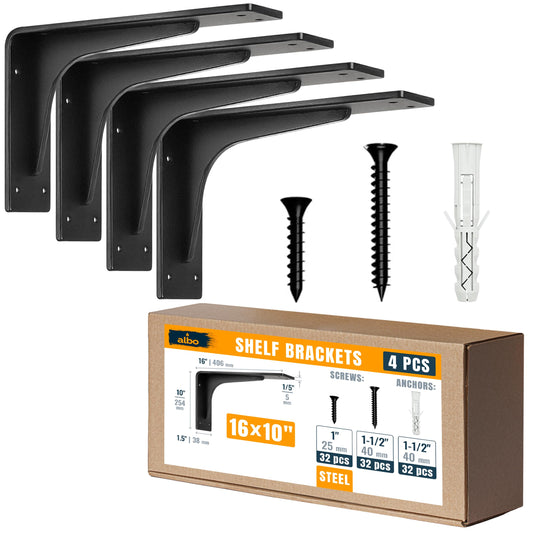 ALBO 16" Heavy Duty Countertop Support Brackets 4PCS, 400 lb 5 mm Steel – Hidden Floating Shelf Corbel | Matte Black Powder-Coated L Brackets Incl Screws & Anchors for Quartz Granite Wood Concrete