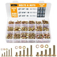 ALBO Grade 5 Yellow Zinc Hex Bolts and Nuts Assortment 1/4"-3/8", 1/2"-1-1/2" Lengths, 600pcs