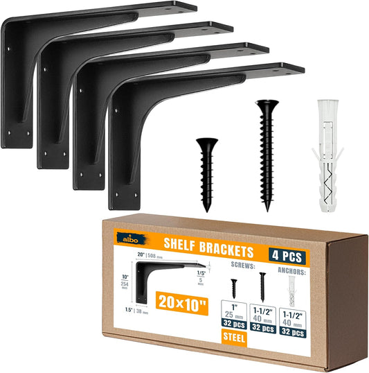 Albo Countertop Support Brackets 4Pcs 20 Inch Heavy Duty Reinforced Black Steel