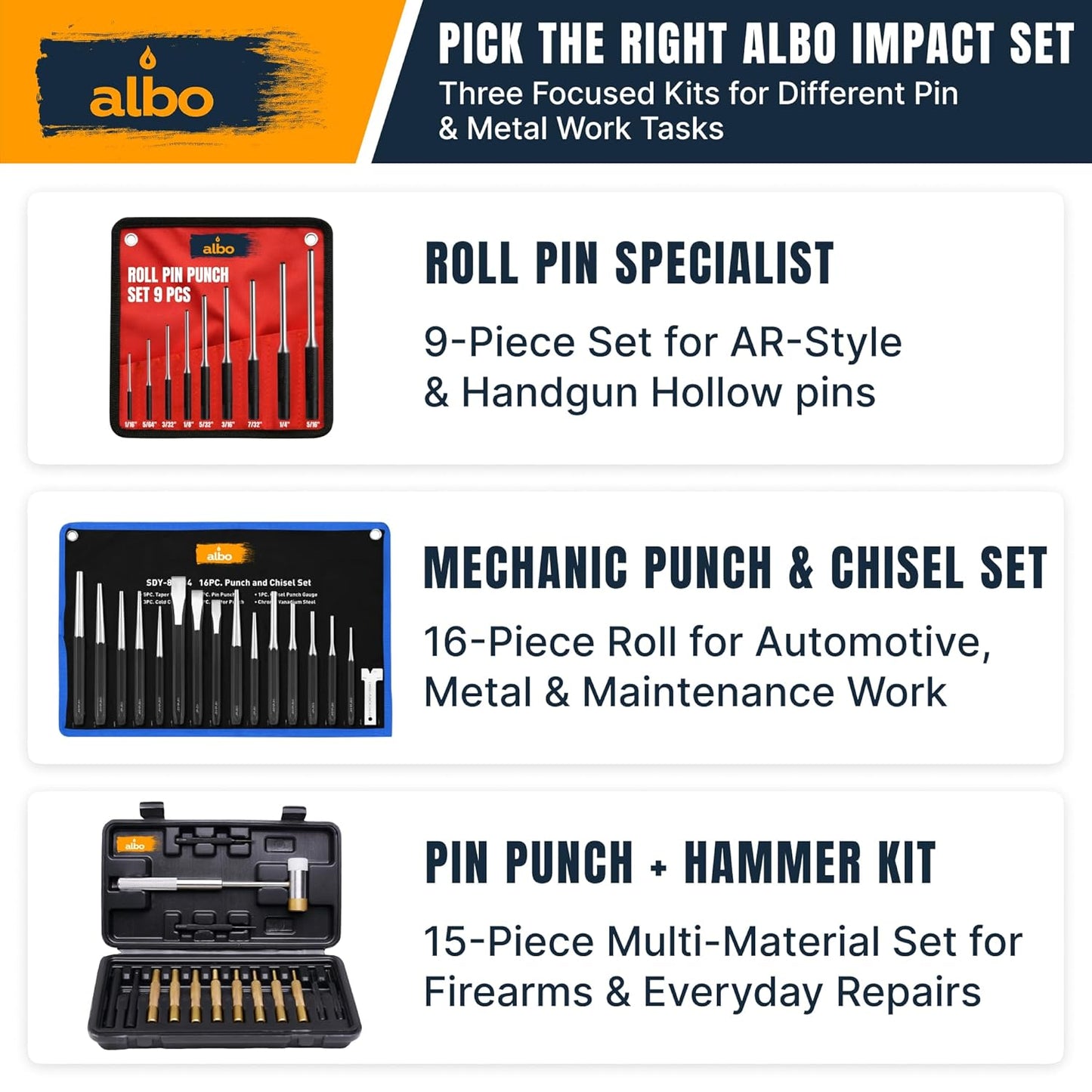 ALBO 15-Piece Pin Punch Set with Hammer and Drivers