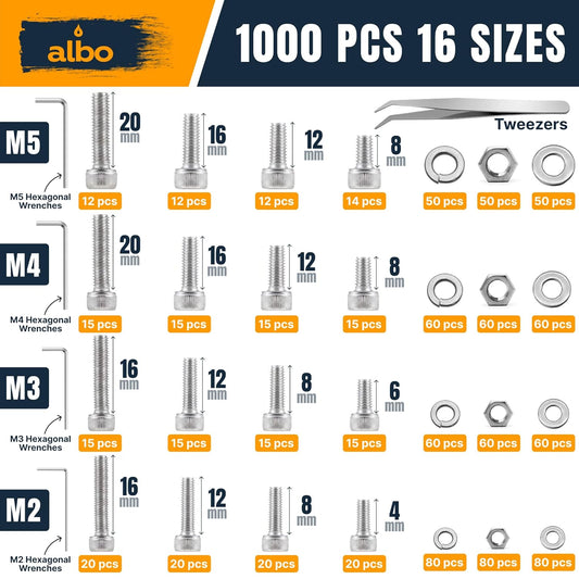 ALBO 304 Stainless Steel Metric Screw Assortment M2 M3 M4 M5, 1000PCS Hex Socket Cap Screws with Nuts, Flat & Spring Washers, 4 Allen Keys, Tweezers, Organized Storage Box for Home, Workshop & DIY