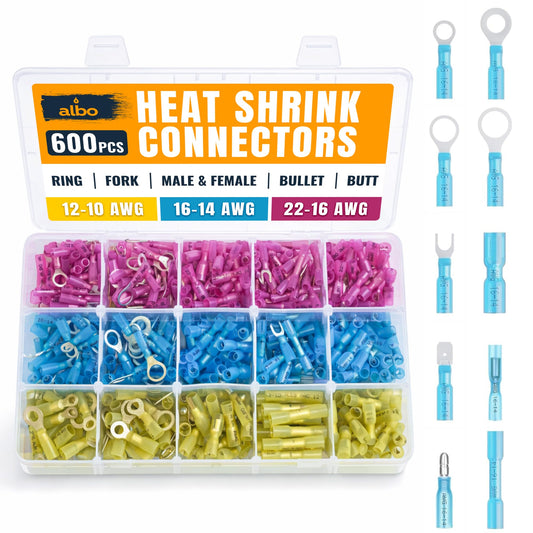 ALBO 600PCS Electrical Connector Kit 3 Colors / 30 Size, Heat Shrink Waterproof Crimp Wire Connectors with Ring Terminals, Spade & Fork Terminal Connectors, Male and Female Wire Terminals