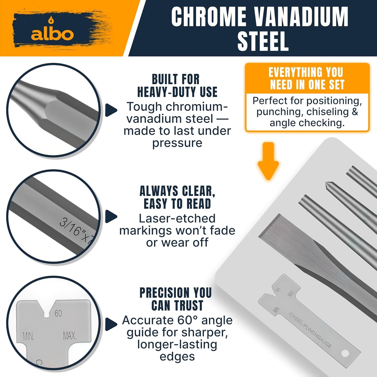 ALBO Punch and Chisel Set 16 PCS Chrome Vanadium Steel