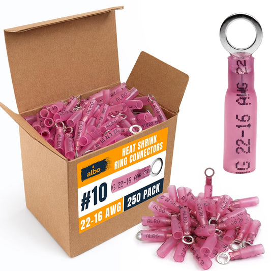 ALBO 250PCS #10 Red Heat Shrink Ring Terminal Kit – 22-16 AWG Wire Terminal Connectors Assortment, Waterproof Tinned Copper Electrical Ring Connectors
