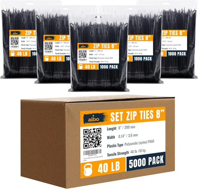 ALBO Black Zip Ties 8 Inch, Nylon Wire Ties for Indoor and Outdoor, Pack 5000 pcs