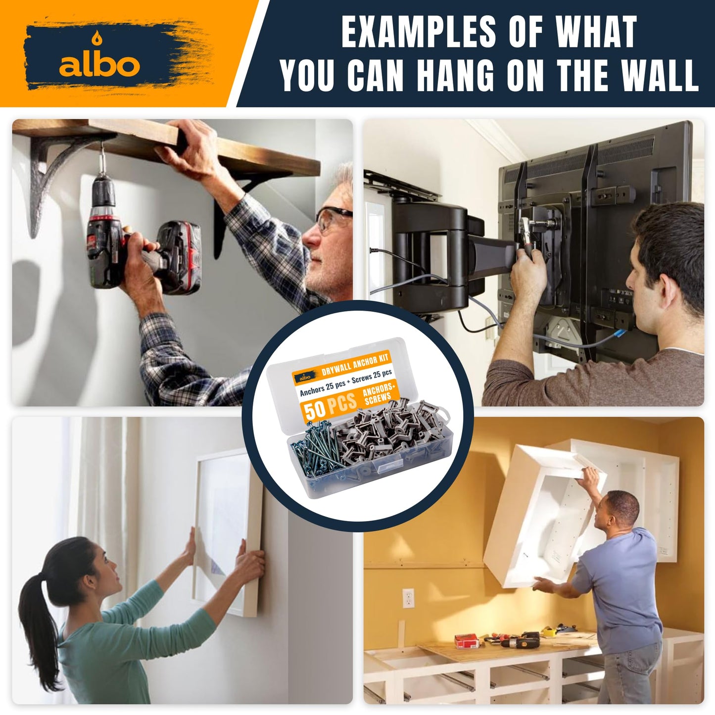 ALBO Drywall Anchor Kit Hollow Wall with Screws 50 pcs. (Grey Anchor 25pcs + Screws 25pcs) Plastic Hollow Wall Drilling Anchors