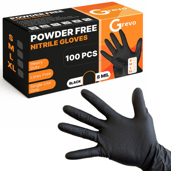 compare product Grevo Disposable 5 & 8 Mil Black Nitrile Gloves S-XL – Heavy Duty Latex & Powder-Free – Textured, Chemical-Resistant (100 PCS 8 Mil, Medium)