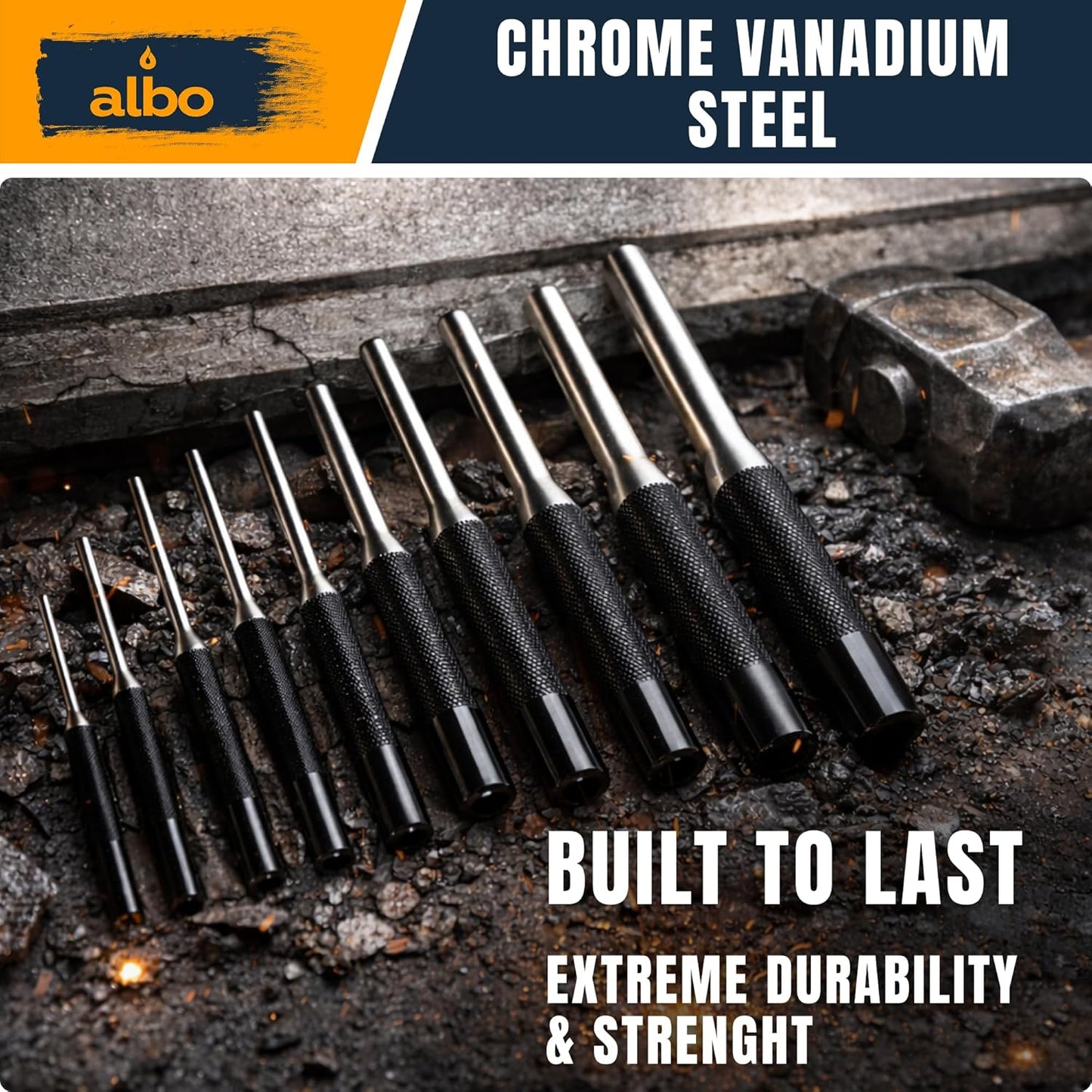 ALBO Pin Punch Set SAE 1/16–5/16 in Chrome Vanadium Steel 9pcs