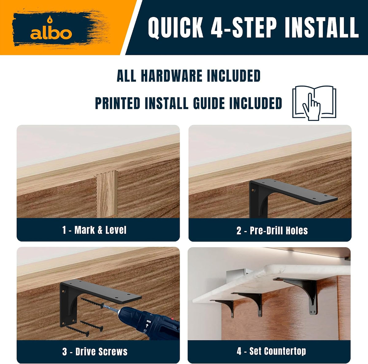 ALBO 12" Heavy Duty Countertop Support Brackets 4PCS – 400 lb 5mm Steel Hidden Floating Shelf Corbel, Matte Black