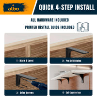 ALBO 12" Heavy Duty Countertop Support Brackets 4PCS, 400 lb 5 mm Steel – Hidden Floating Shelf Corbel | Matte Black Powder-Coated L Brackets Incl Screws & Anchors for Quartz Granite Wood Concrete