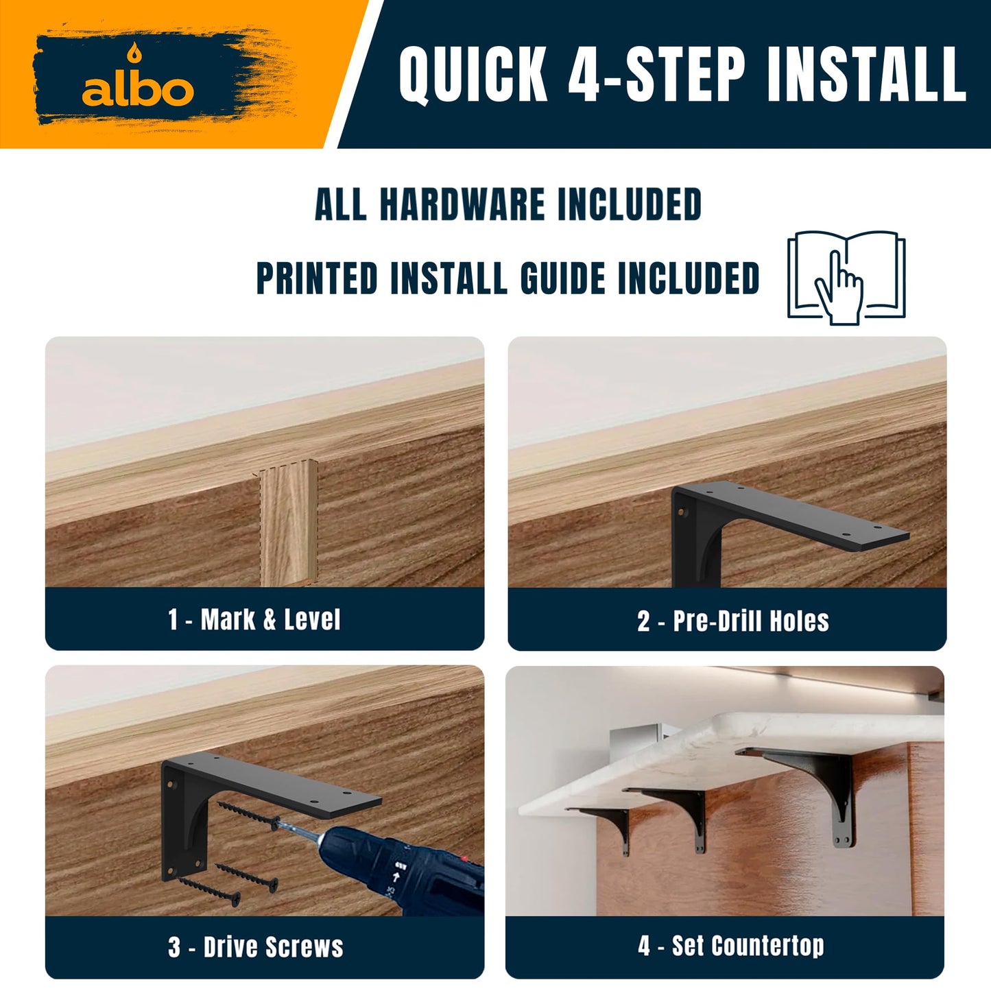 ALBO 10" Heavy Duty Countertop Support Brackets 4PCS, 400 lb 5 mm Steel – Hidden Floating Shelf Corbel | Matte Black Powder-Coated L Brackets Incl Screws & Anchors for Quartz Granite Wood Concrete