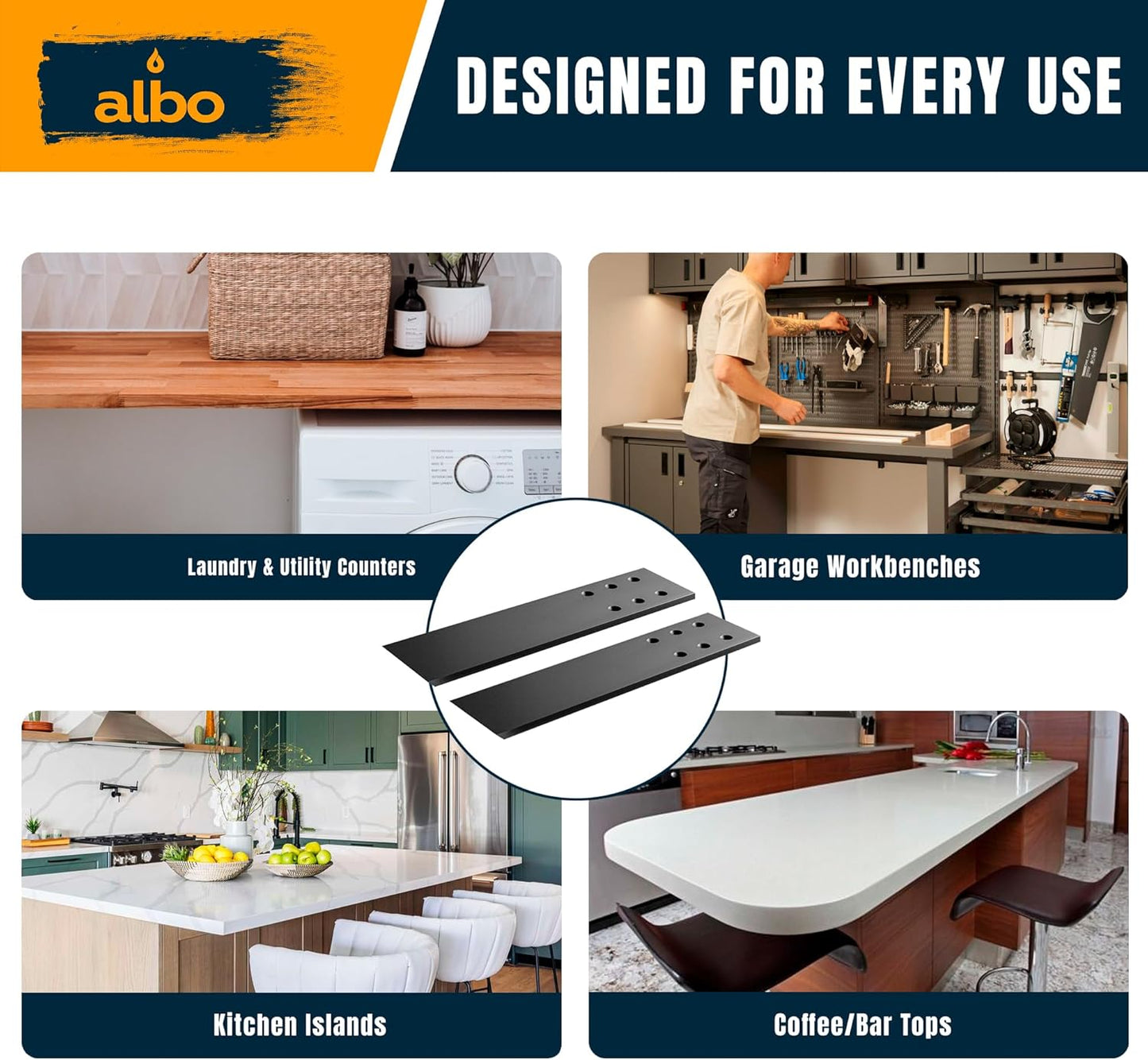 ALBO 10" Heavy Duty Flat Countertop Support Brackets (4-Pack) - 1/4" Steel, 300 lb Capacity, Matte Black