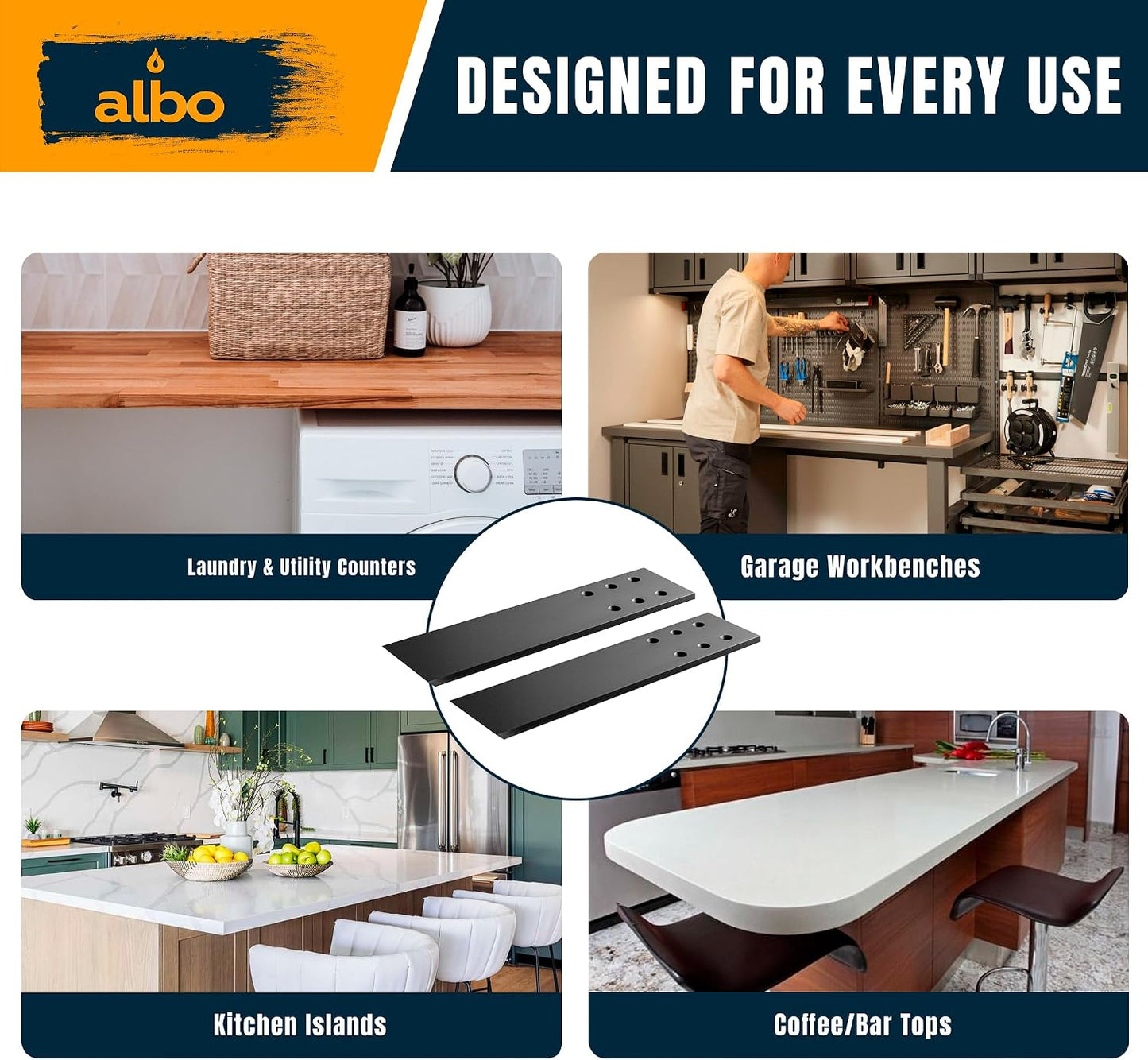 ALBO 12" Heavy Duty Flat Countertop Support Brackets, 4-Pack - 1/4" Steel Hidden Flush-Mount Corbel, Matte Black