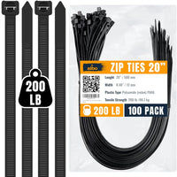 ALBO Black Zip Ties 20 Inch, Nylon Wire Ties for Indoor and Outdoor, Pack 100 pcs