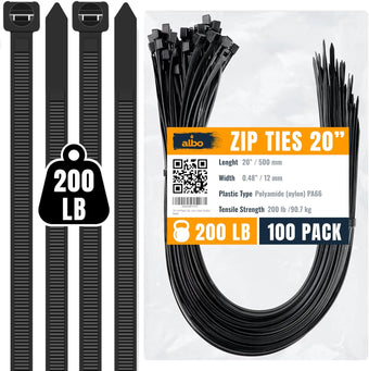 compare product ALBO Black Zip Ties 20 Inch, Nylon Wire Ties for Indoor and Outdoor, Pack 100 pcs