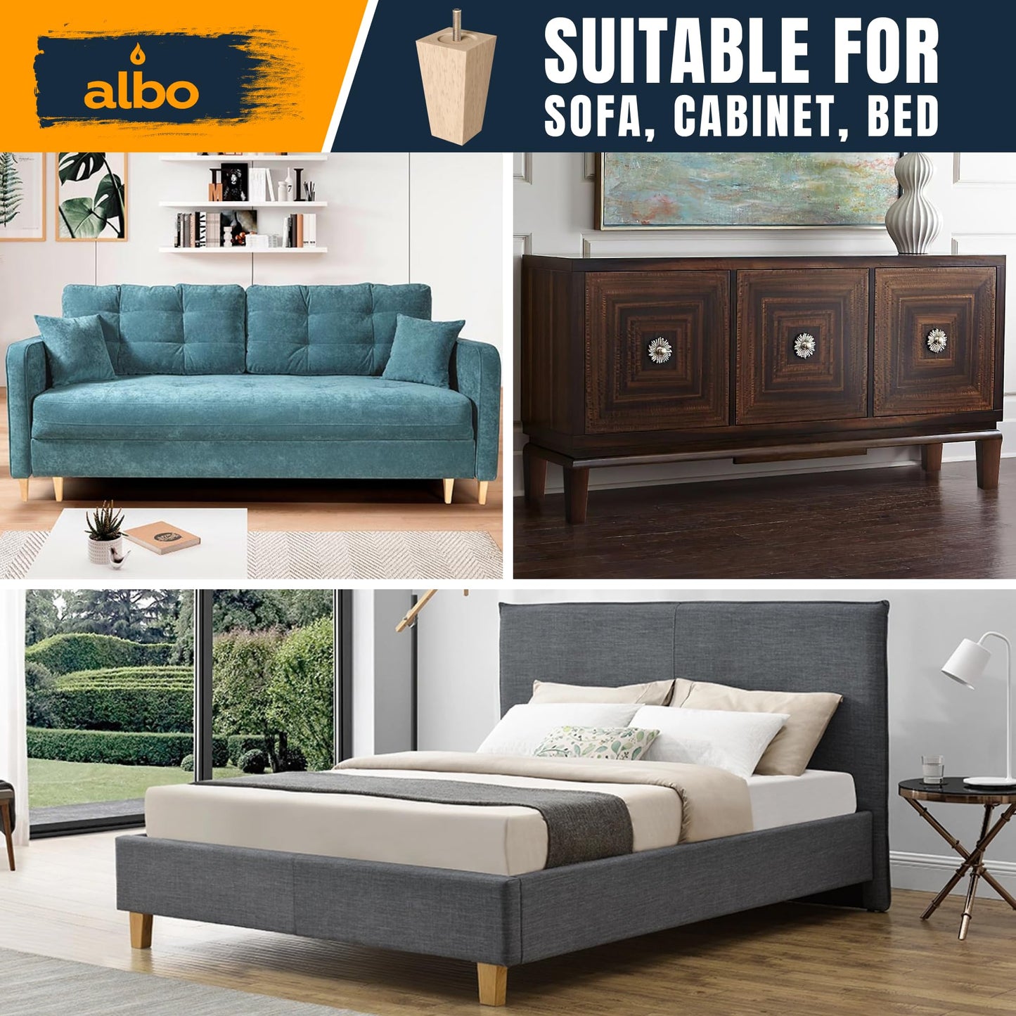 ALBO Wood Furniture Legs 5 inch, Heavy Duty Sofa Legs, Pack of 4 Square Couch Legs Covered with Clear Varnish, Sofa Replacement Parts, for Dresser Legs, Sideboard, Recliner Couch, Circle Chair