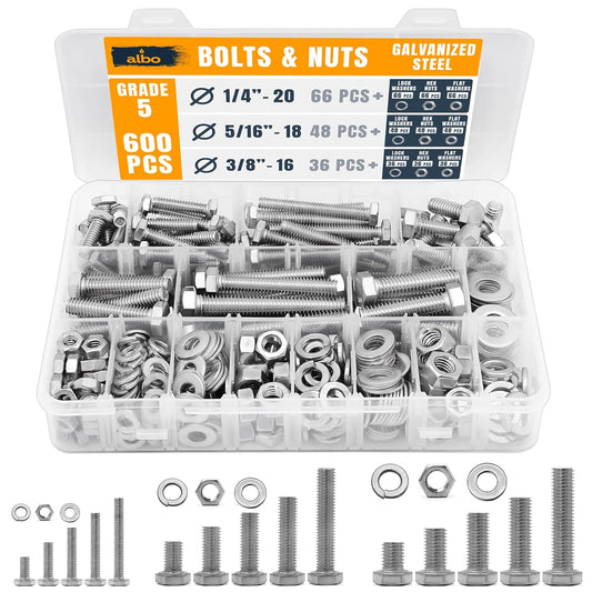 ALBO Hex Head Bolts and Nuts Set Grade 5 Zinc Plated 1/4-20 to 3/8-16 600pcs