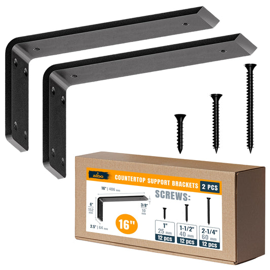 ALBO 16" Heavy Duty Countertop Support Brackets 2PCS, 600 lb 3/8" Steel – Hidden Knee-Wall Corbel | Matte Black Powder-Coated L Brackets Incl Screws & Anchors for Quartz Granite Wood Concrete Laminate