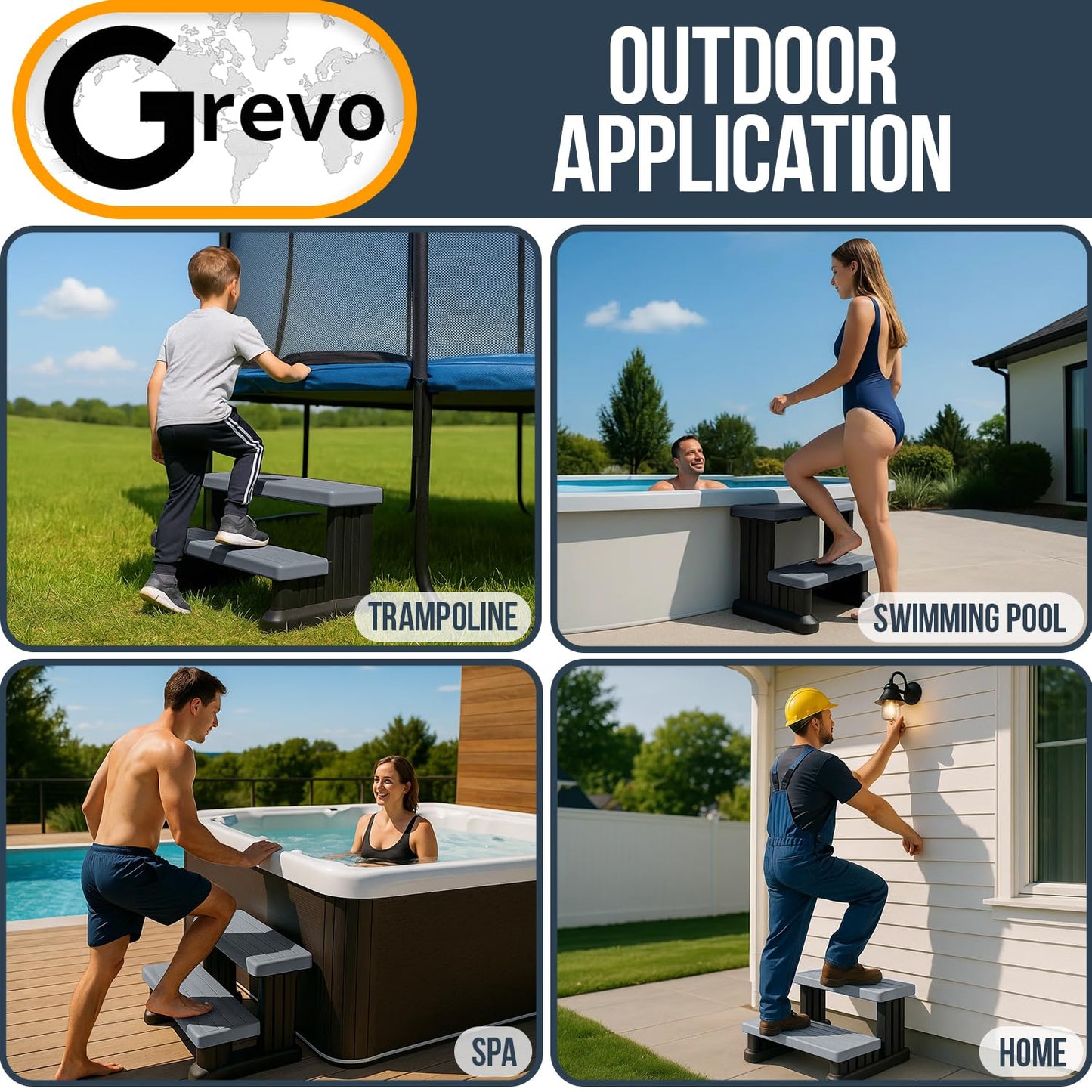GREVO Outdoor Steps for Hot Tub Wide 31", Gray/Fits Round and Straight Pools, Non-Slip Steps, Quick Assemble