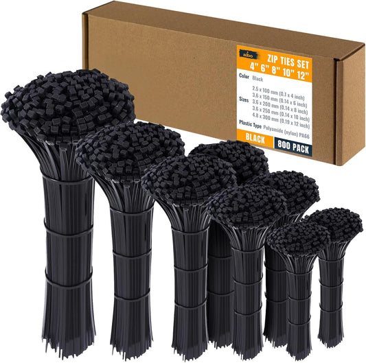 ALBO Black Cable Ties Assorted Sizes 4-12 Inch 800 Pack