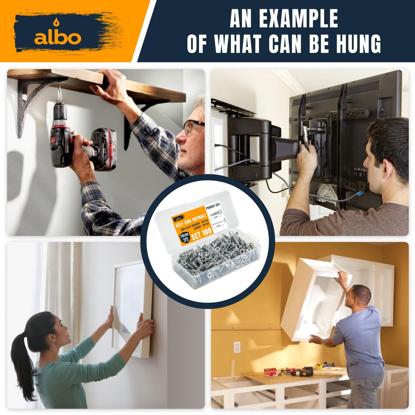ALBO #6 Zinc Self-Drilling Drywall Anchors, 100PC Set – Includes 50 Heavy Duty Sheetrock Anchors & 50#6 x 1-1/4'' Screws – 75LB Capacity for Hanging and Mounting