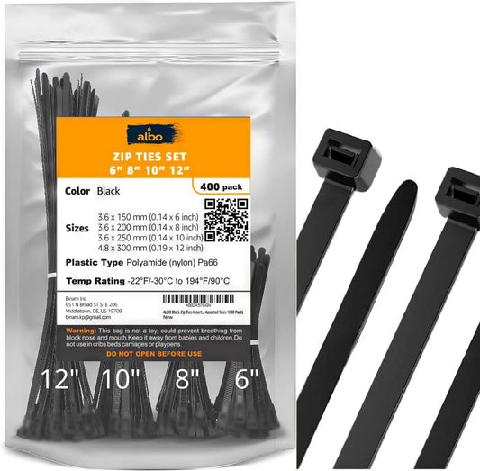 ALBO Zip Ties Assorted Sizes 400 Pack Plastic Cable Ties 6+8+10+12 inch Wire Tie UV Resistant Nylon Tie Wraps Assorted Sizes