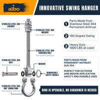 Albo 4 Pack Heavy Duty Swing Hangers – 7 Inch, 304 Stainless Steel, 1800 lbs Swivel Hooks for Porch, Punching Bag, Hammock, Yoga, Gym, Playground, Ceiling Mount for Wood & Concrete Indoor Outdoor