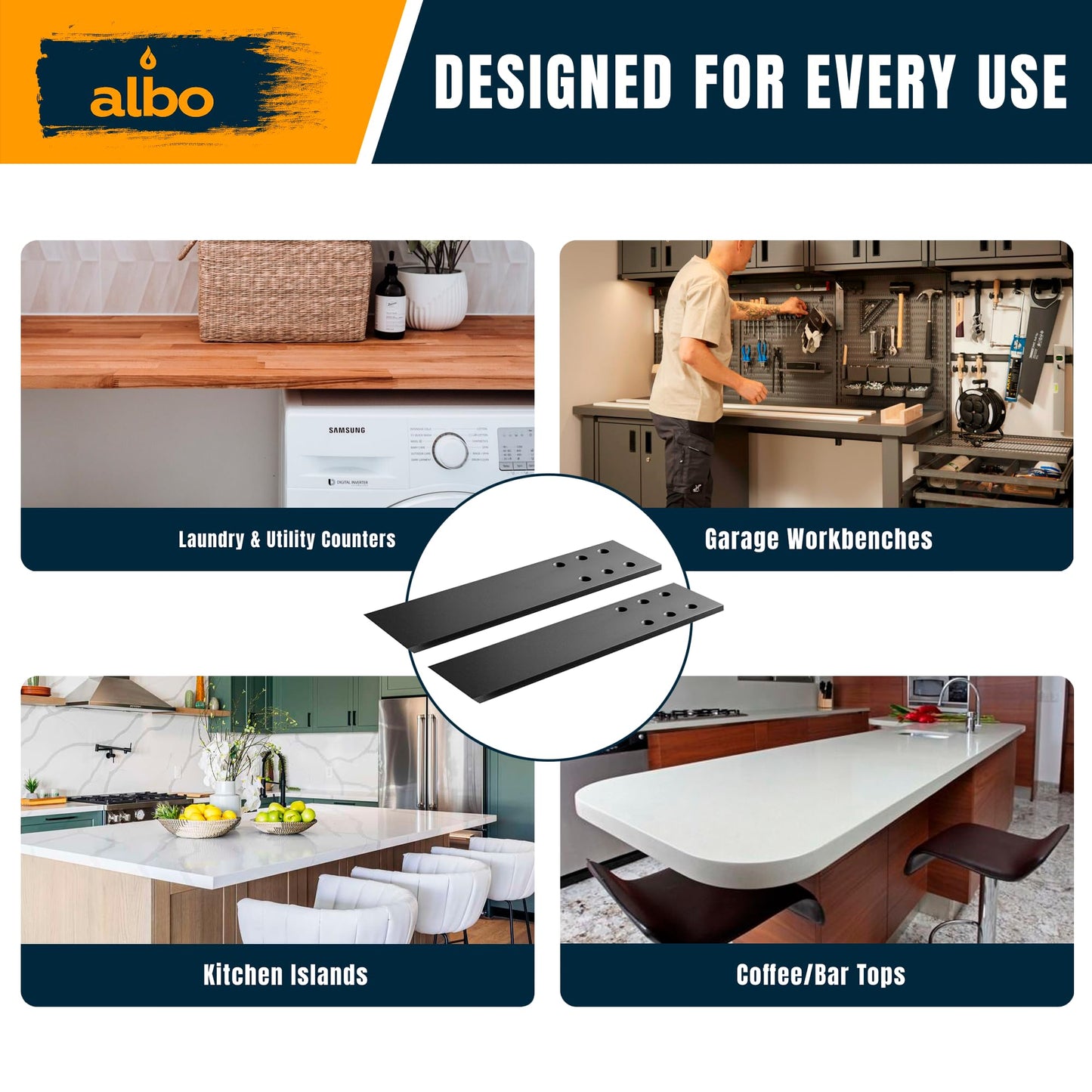 ALBO 14" Heavy Duty Flat Countertop Support Brackets 4 PCS, 300 lb 1/4" Steel - Hidden Flush-Mount Corbel | Matte Black Powder-Coated with Screws for Quartz Granite Wood Kitchen Island Bar Tops