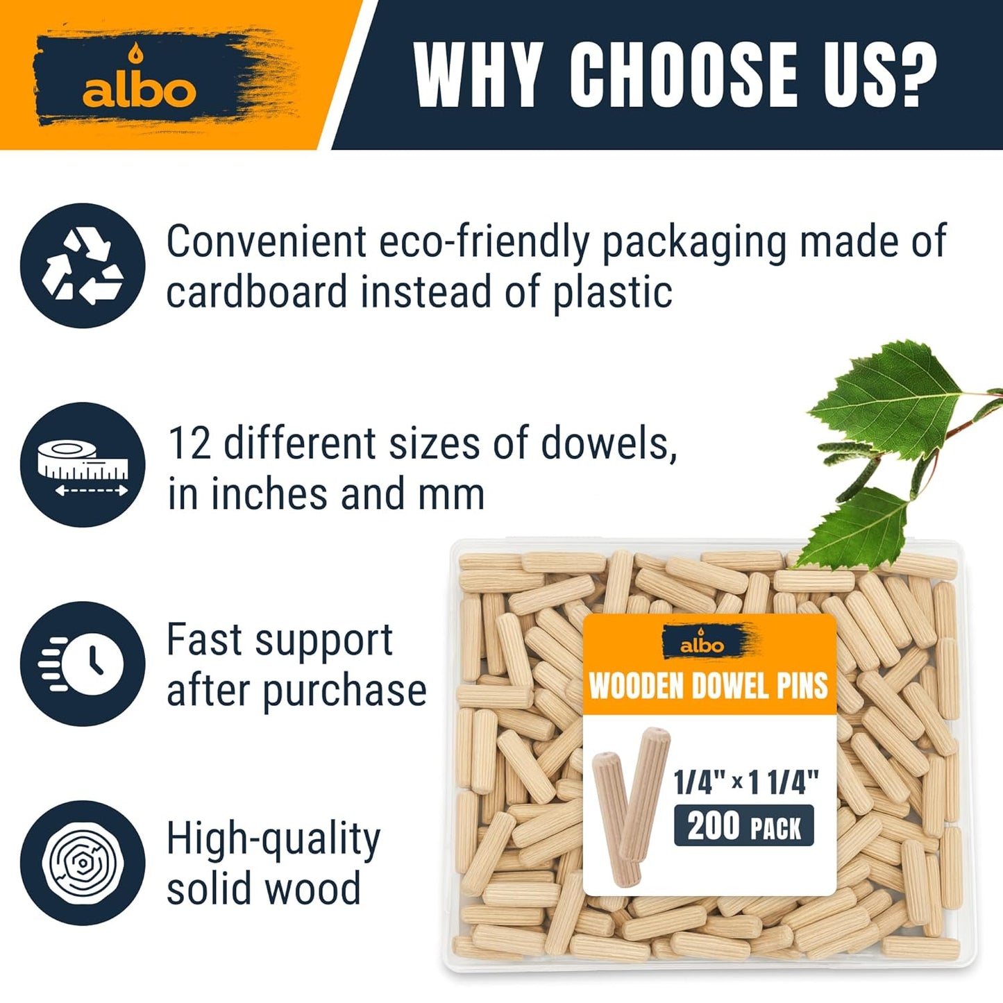ALBO Wooden Dowel Pins 1/4 x 1-1/4 inch Hardwood 200pcs