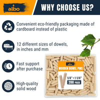 ALBO Wooden Dowel Pins 1/4 x 1-1/4 inch Hardwood 200pcs