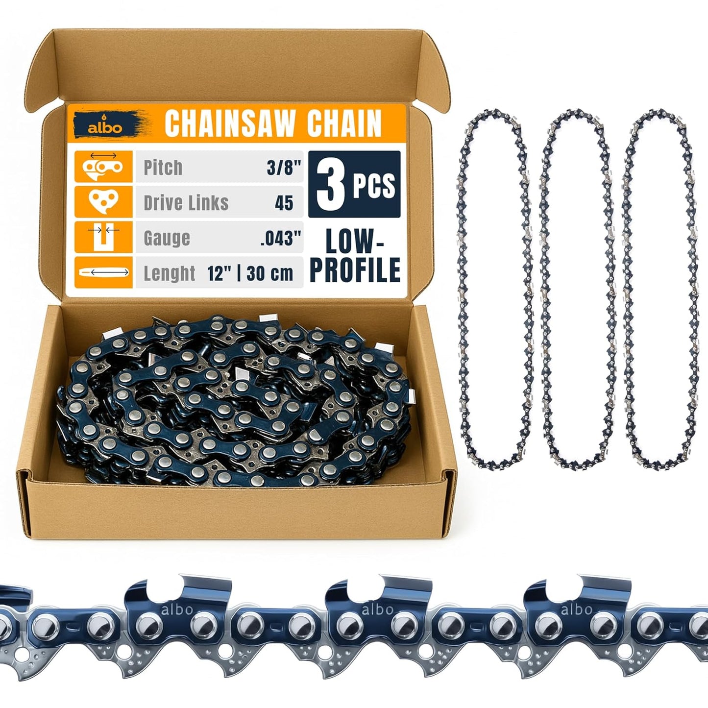 3/8" LP Pitch .043" Gauge 56DL 16" Chainsaw Chain 3 Pack – Low-Profile Full-Chisel Chrome Cutters, Reinforced Rivets, CE Certified – Fits Milwaukee M18 FUEL, Ego CS1613, DeWalt DCCS690 Saws