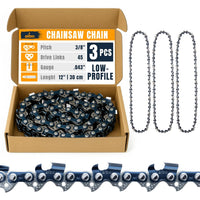 3/8" LP Pitch .043" Gauge 45DL 12" Chainsaw Chain 3 Pack - Low-Profile Full-Chisel Chrome Cutters, Reinforced Rivets, Fits Dolmar, Ð¡achs, Dewalt 20V DCCS620, Milwaukee M18 FUEL, WG350/ 380, LCS1240