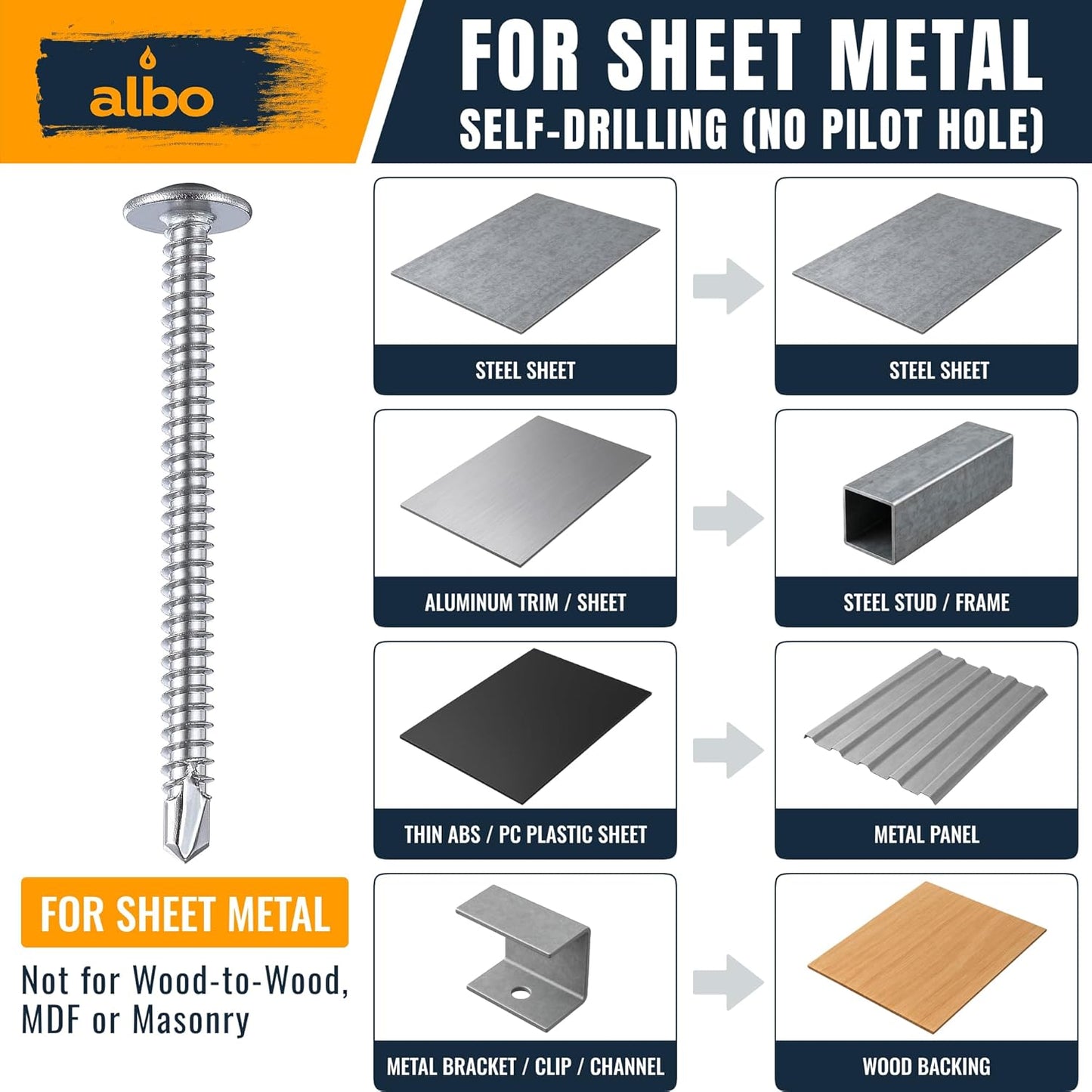 ALBO #8 x 1 inch Stainless Steel Self-Tapping Screws 200pcs