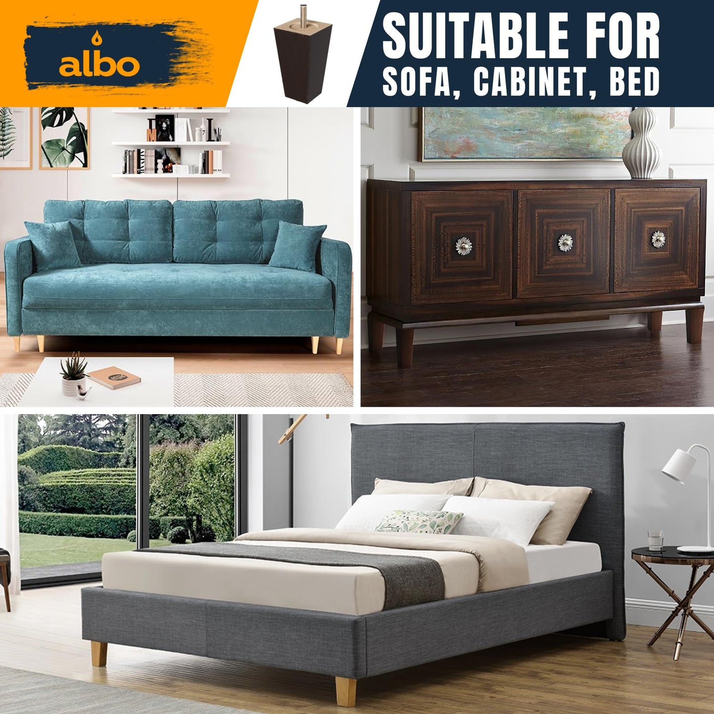 Albo Wood Furniture Legs 5 inch, Heavy Duty Sofa Legs, Pack of 4 Square Brown Couch Legs, Sofa Replacement Parts, for Dresser Legs, Sideboard, Recliner Couch, Circle Chair Couch Riser Coffee Table