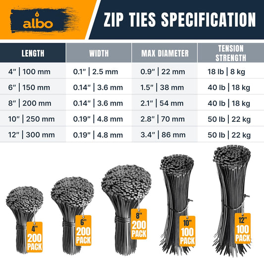 ALBO Black Cable Ties Assorted Sizes 4-12 Inch 800 Pack