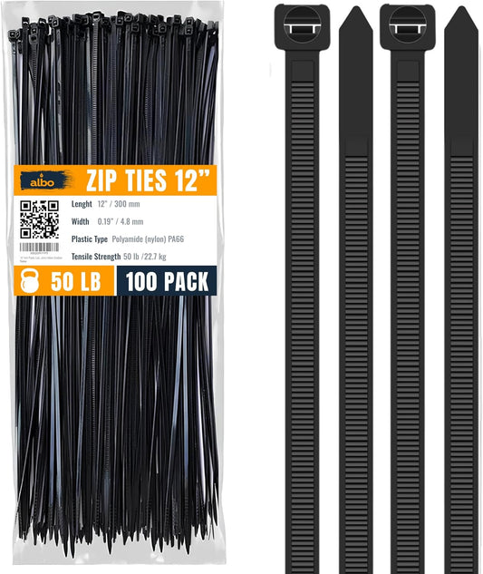 Albo 12 inch Black Heavy Duty Zip Ties 100 Pack