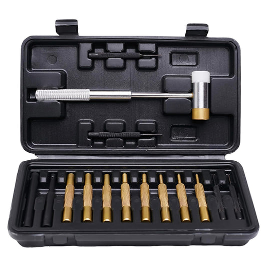 ALBO 15-Piece Pin Punch Set with Hammer, Brass and Plastic Drivers, Roll Pin Tools for Gunsmithing, Firearm and Small Machinery Repair, Knurled Handles, Hard Storage Case