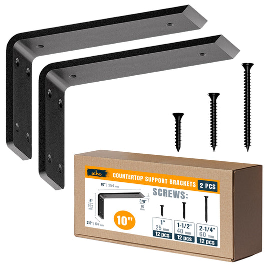 ALBO 10" Heavy Duty Countertop Support Brackets 2PCS, 600 lb 3/8" Steel – Hidden Knee-Wall Corbel | Matte Black Powder-Coated L Brackets Incl Screws & Anchors for Quartz Granite Wood Concrete Laminate