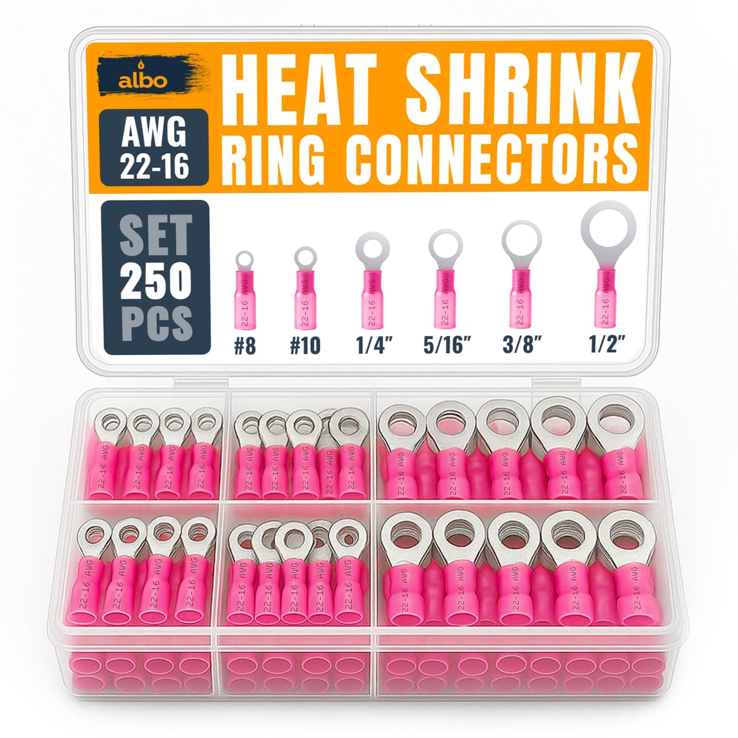 ALBO 250PCS Red Heat Shrink Ring Terminal Kit – 22-16 AWG Wire Terminal Connectors Assortment, 6 Sizes (#8, #10, 1/4", 5/16", 3/8", 1/2") – Waterproof Tinned Copper Electrical Ring Connectors
