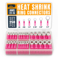 ALBO 250PCS Red Heat Shrink Ring Terminal Kit – 22-16 AWG Wire Terminal Connectors Assortment, 6 Sizes (#8, #10, 1/4", 5/16", 3/8", 1/2") – Waterproof Tinned Copper Electrical Ring Connectors