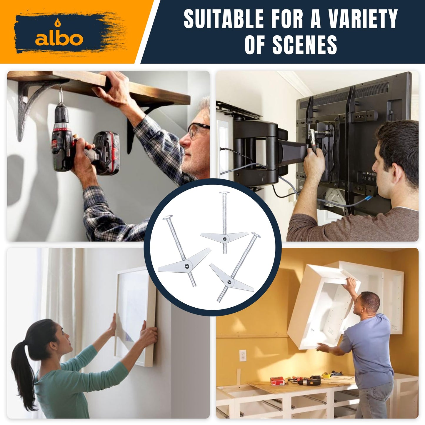 ALBO 25-Piece Heavy Duty Hollow Wall Anchors Kit for Drywall Ceilings with Screw Spring/Includes Toggle Bolts and Wing Nut Assortment in 3 Sizes (1/8in, 3/16in, 1/4in)